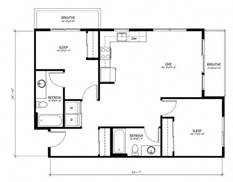 Floor plan for 2 beds, 2 baths, 962 sqft